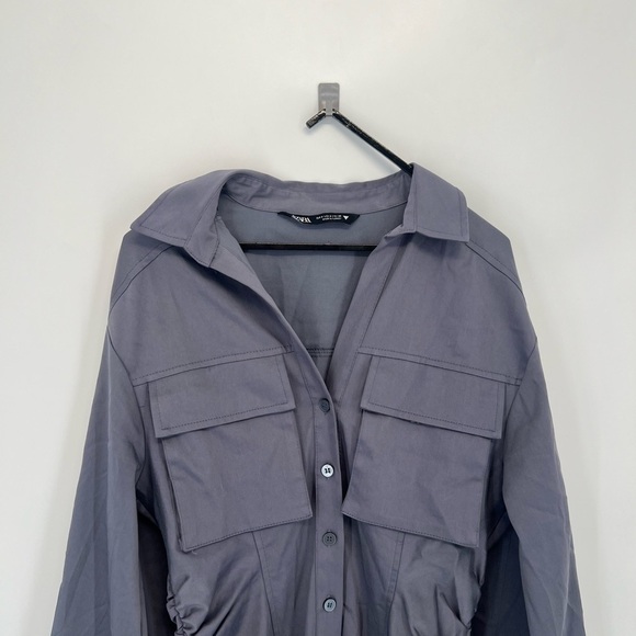 Zara Utility Button Front Ruched Gathered High Slit Pocket Shirt Midi Dress - Picture 1 of 11